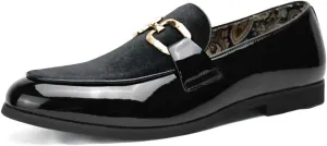 Santimon Velvet Leather Loafers Gold Plaque Fashion Retro Print Lining Pull-on Penny Party Wedding Shoes