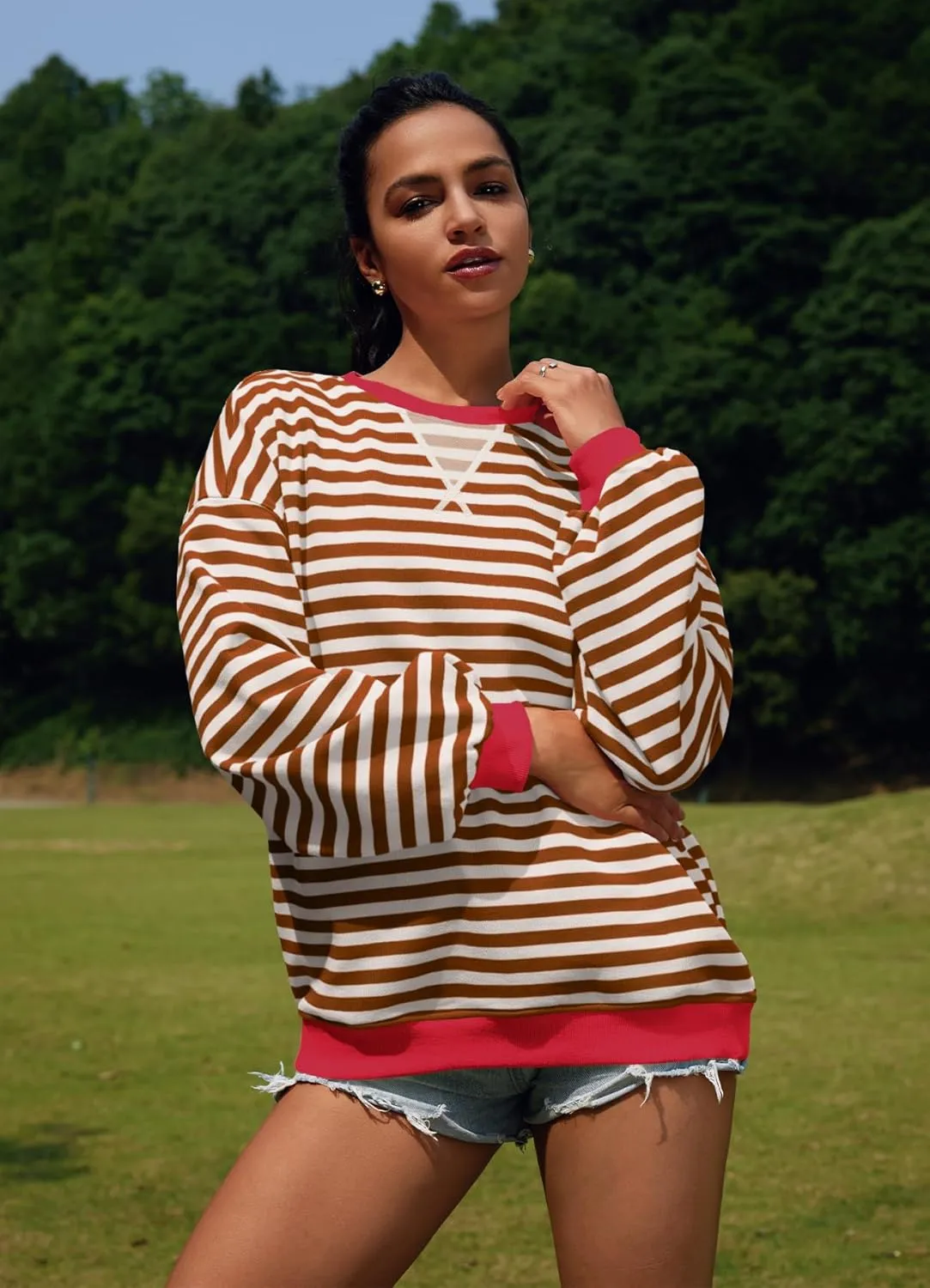 SENSERISE Womens Oversized Classic Striped Crewneck Sweatshirts Long Sleeve Color Block Shirts Casual Tops