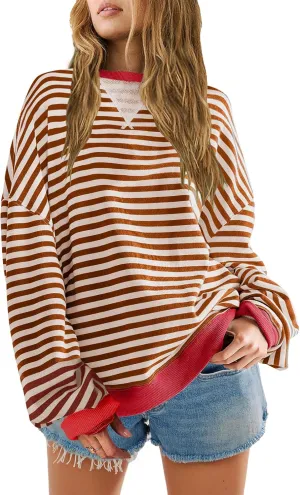 SENSERISE Womens Oversized Classic Striped Crewneck Sweatshirts Long Sleeve Color Block Shirts Casual Tops
