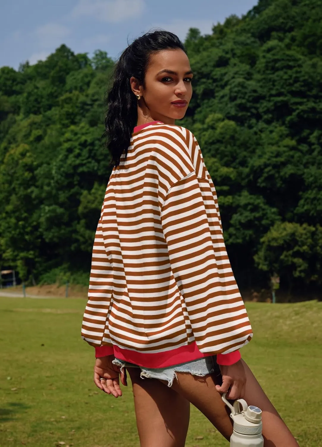 SENSERISE Womens Oversized Classic Striped Crewneck Sweatshirts Long Sleeve Color Block Shirts Casual Tops