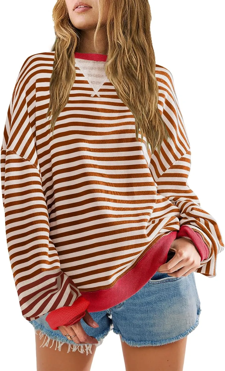 SENSERISE Womens Oversized Classic Striped Crewneck Sweatshirts Long Sleeve Color Block Shirts Casual Tops