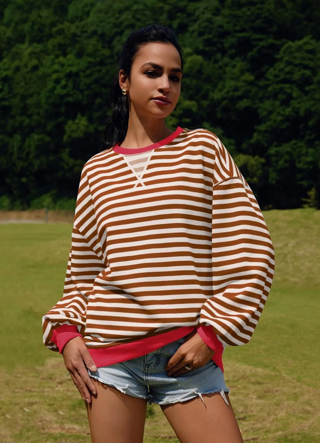 SENSERISE Womens Oversized Classic Striped Crewneck Sweatshirts Long Sleeve Color Block Shirts Casual Tops