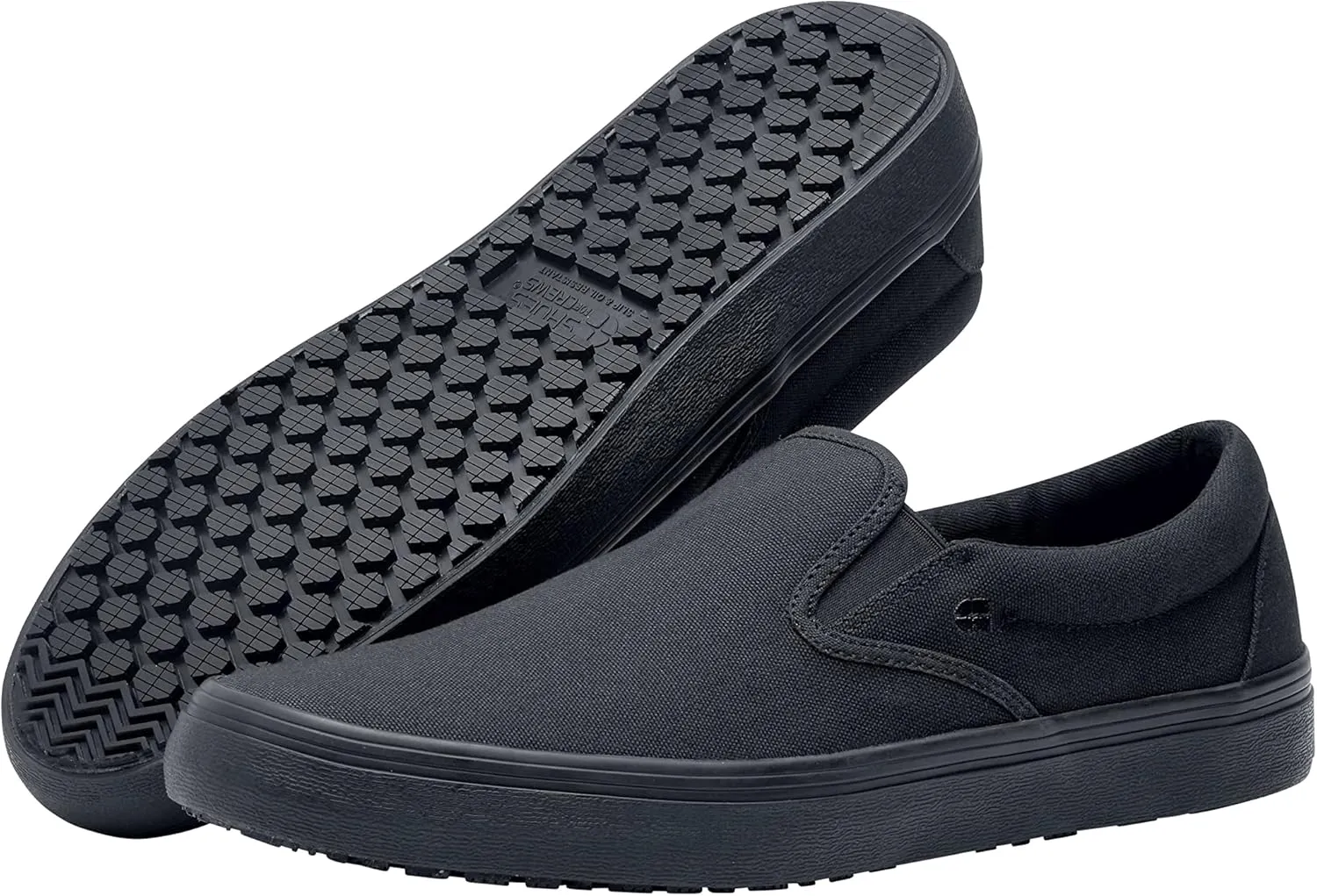Shoes for Crews Merlin, Slip-On, Men's, Women's, Unisex, Slip Resistant Work Shoes, Black Canvas, Men's Size 9, Women's Size 10.5