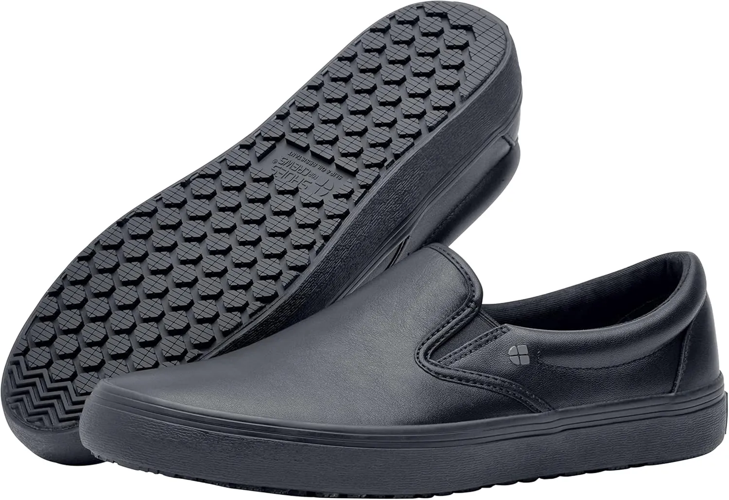 Shoes for Crews Merlin, Slip-On, Men's, Women's, Unisex, Slip Resistant Work Shoes, Black Leather, Men's Size 5 Wide, Women's Size 6.5 Wide