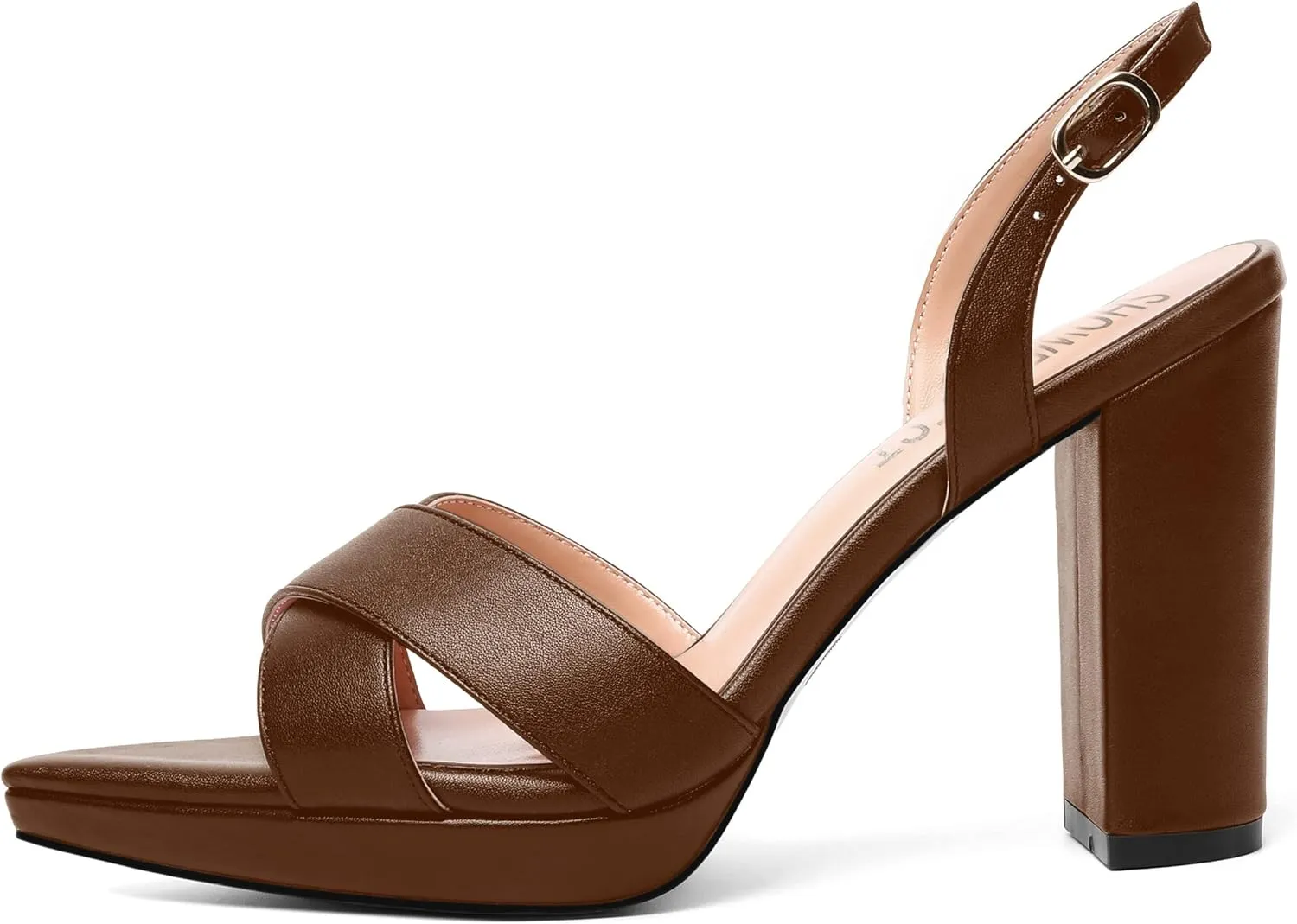 SHOWFOREST Womens Dating Pointed Toe Matte Platform Buckle Solid Sexy Backstrap Block High Heel Heeled Sandals 4 Inch