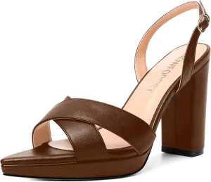 SHOWFOREST Womens Dating Pointed Toe Matte Platform Buckle Solid Sexy Backstrap Block High Heel Heeled Sandals 4 Inch