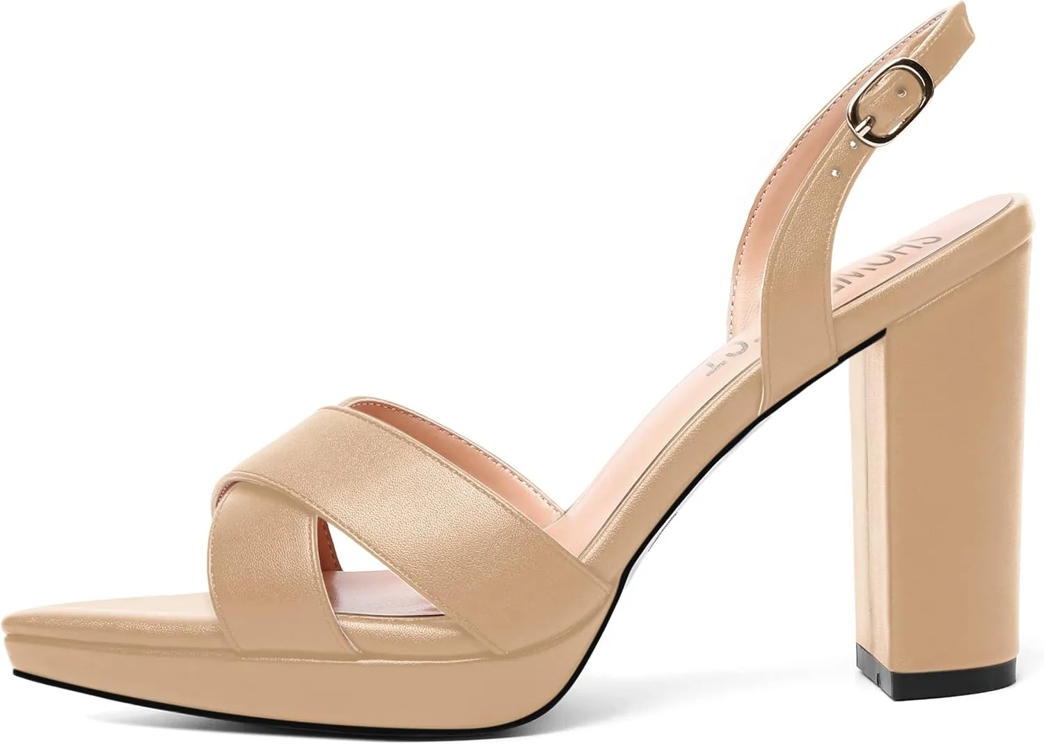 SHOWFOREST Womens Dating Pointed Toe Matte Platform Buckle Solid Sexy Backstrap Block High Heel Heeled Sandals 4 Inch