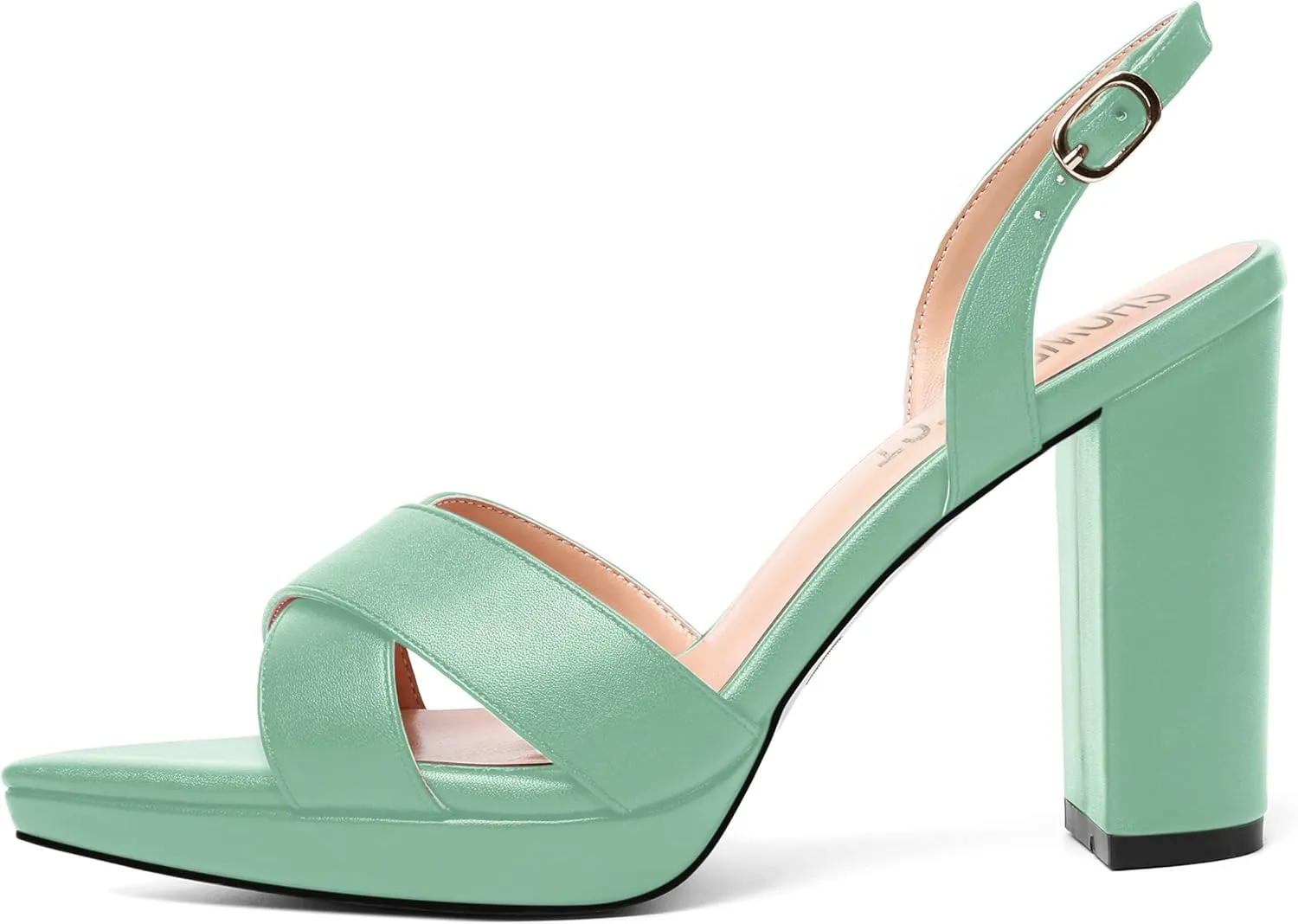 SHOWFOREST Womens Dating Pointed Toe Matte Platform Buckle Solid Sexy Backstrap Block High Heel Heeled Sandals 4 Inch
