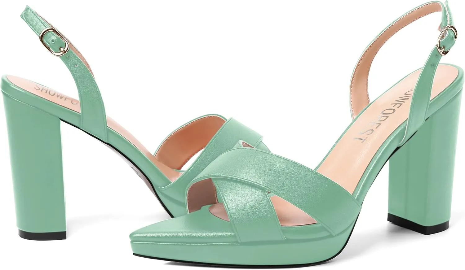 SHOWFOREST Womens Dating Pointed Toe Matte Platform Buckle Solid Sexy Backstrap Block High Heel Heeled Sandals 4 Inch