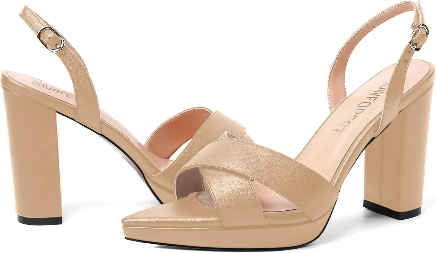 SHOWFOREST Womens Dating Pointed Toe Matte Platform Buckle Solid Sexy Backstrap Block High Heel Heeled Sandals 4 Inch