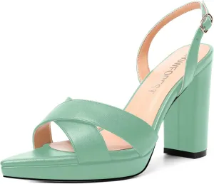 SHOWFOREST Womens Dating Pointed Toe Matte Platform Buckle Solid Sexy Backstrap Block High Heel Heeled Sandals 4 Inch