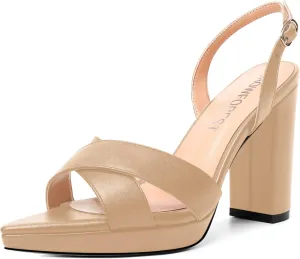 SHOWFOREST Womens Dating Pointed Toe Matte Platform Buckle Solid Sexy Backstrap Block High Heel Heeled Sandals 4 Inch