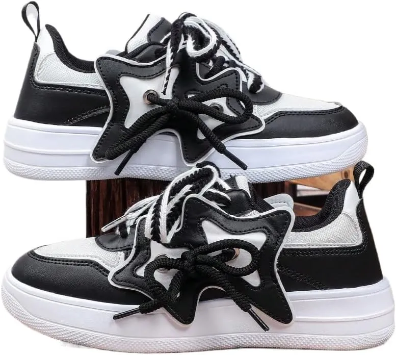 Star Trendy Color Block Chunky Platform Sneakers for Women Y2K Lace Up Thick Sole Streetwear Shoes for Daily Casual Looks with Bold Star Accent