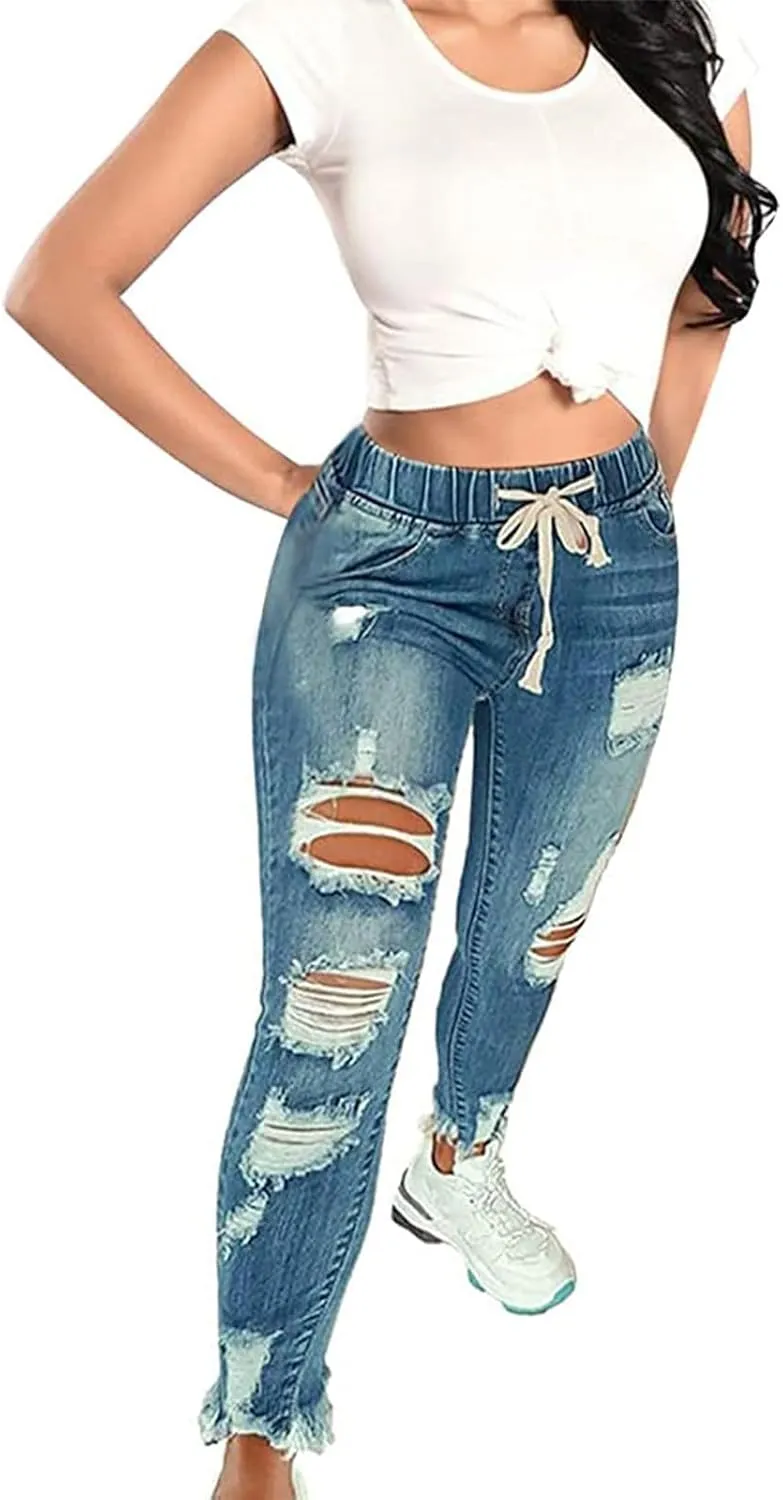 Stretchy Jeans for Women Drawstring High Waisted Ripped Boyfriend Jeans Petite Pull On Denim Ankle Pants with Pockets