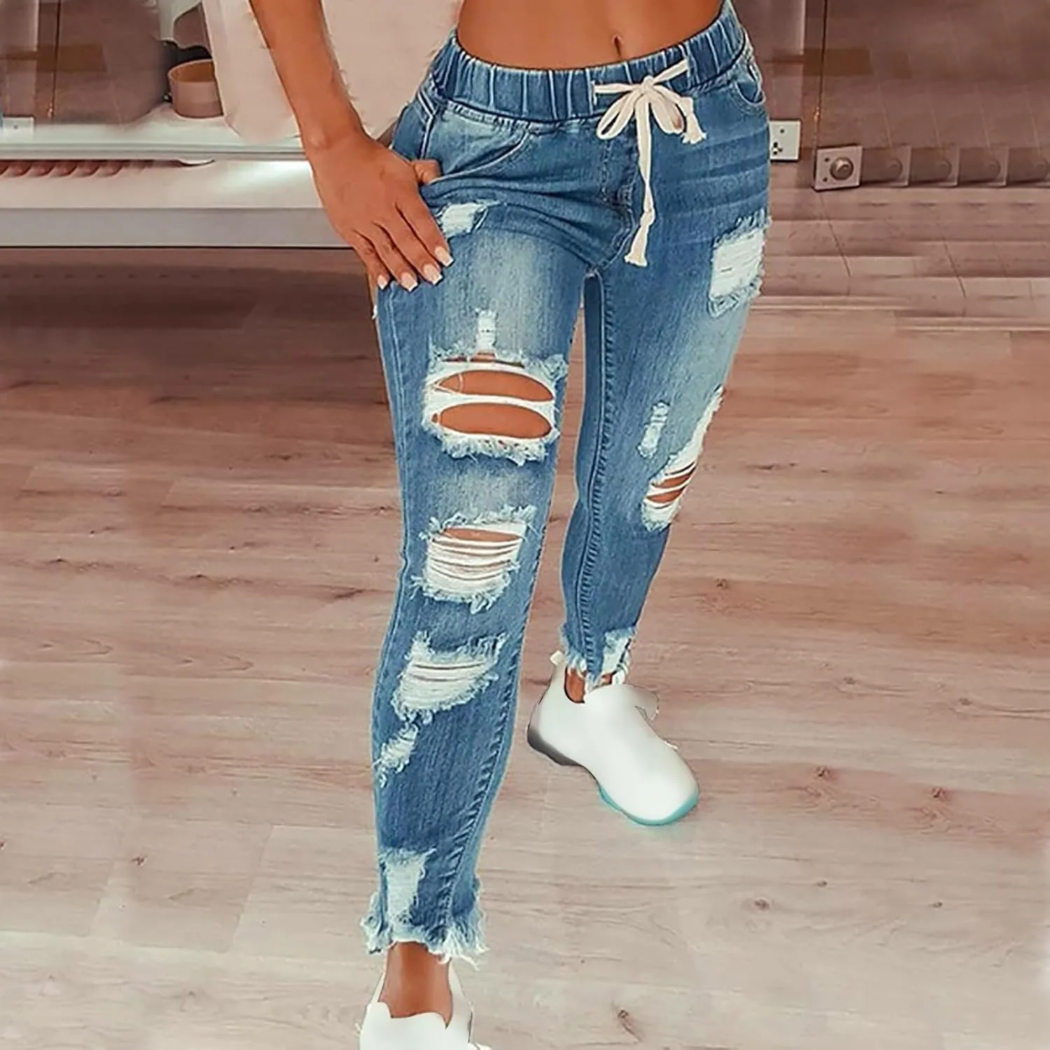 Stretchy Jeans for Women Drawstring High Waisted Ripped Boyfriend Jeans Petite Pull On Denim Ankle Pants with Pockets