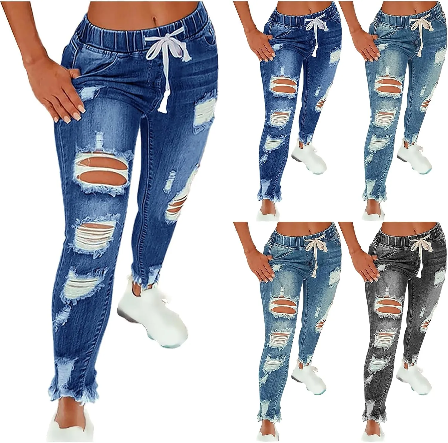 Stretchy Jeans for Women Drawstring High Waisted Ripped Boyfriend Jeans Petite Pull On Denim Ankle Pants with Pockets