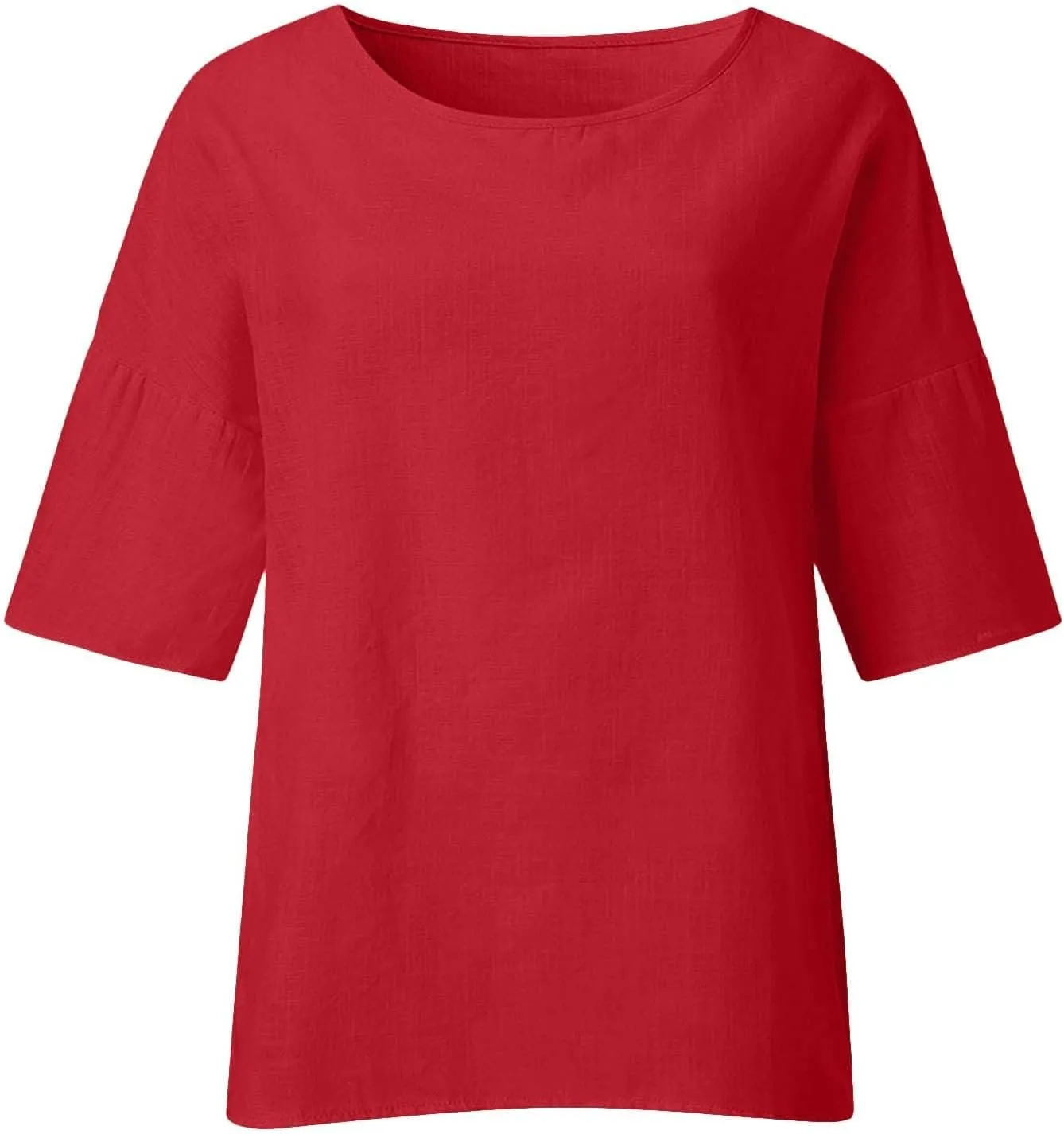 Summer Solid Linen Shirts for Womens Cotton Linen Shirt Casual 3/4 Sleeve Solid Color Crewneck Tunic Tops Beach Blouse