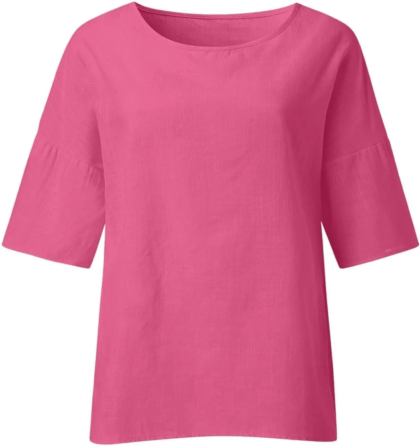 Summer Solid Linen Shirts for Womens Cotton Linen Shirt Casual 3/4 Sleeve Solid Color Crewneck Tunic Tops Beach Blouse