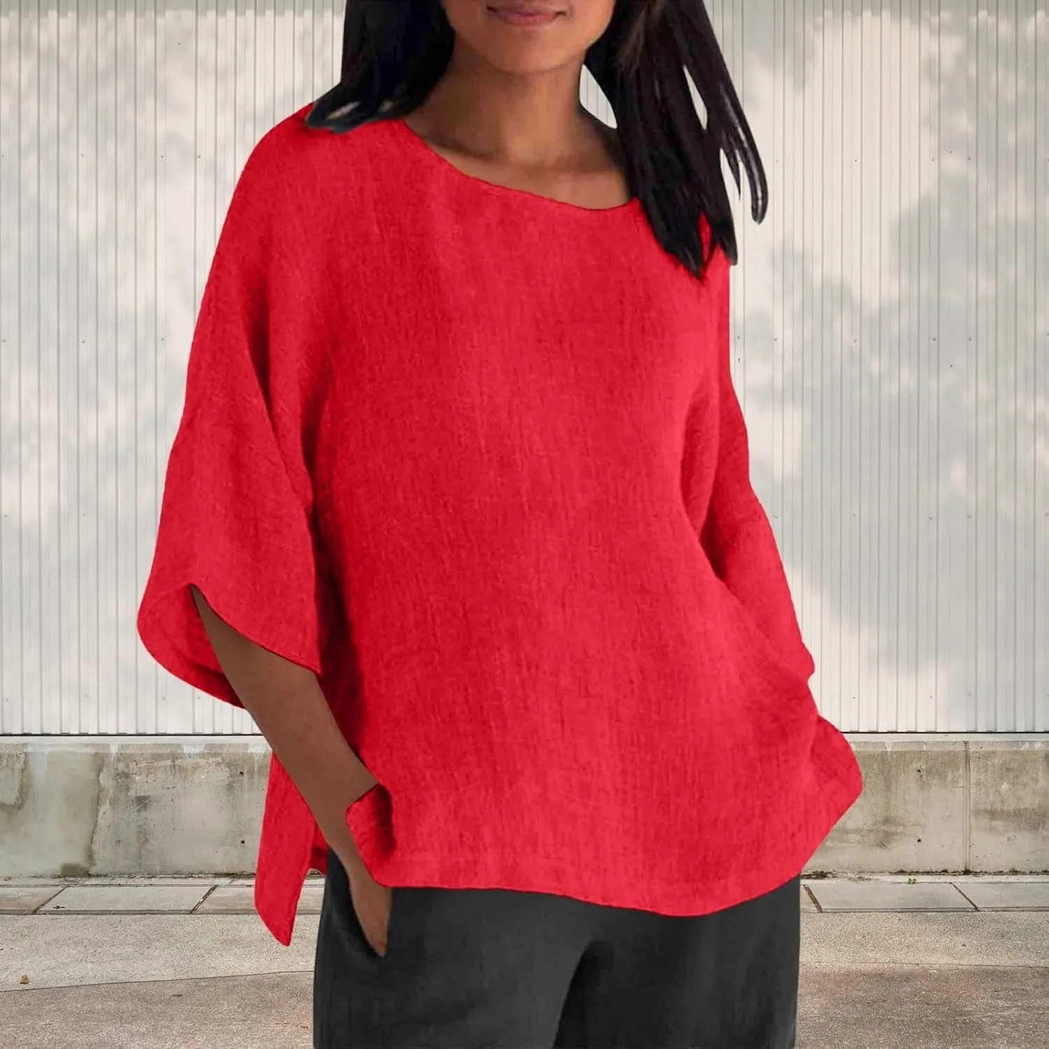 Summer Solid Linen Shirts for Womens Cotton Linen Shirt Casual 3/4 Sleeve Solid Color Crewneck Tunic Tops Beach Blouse