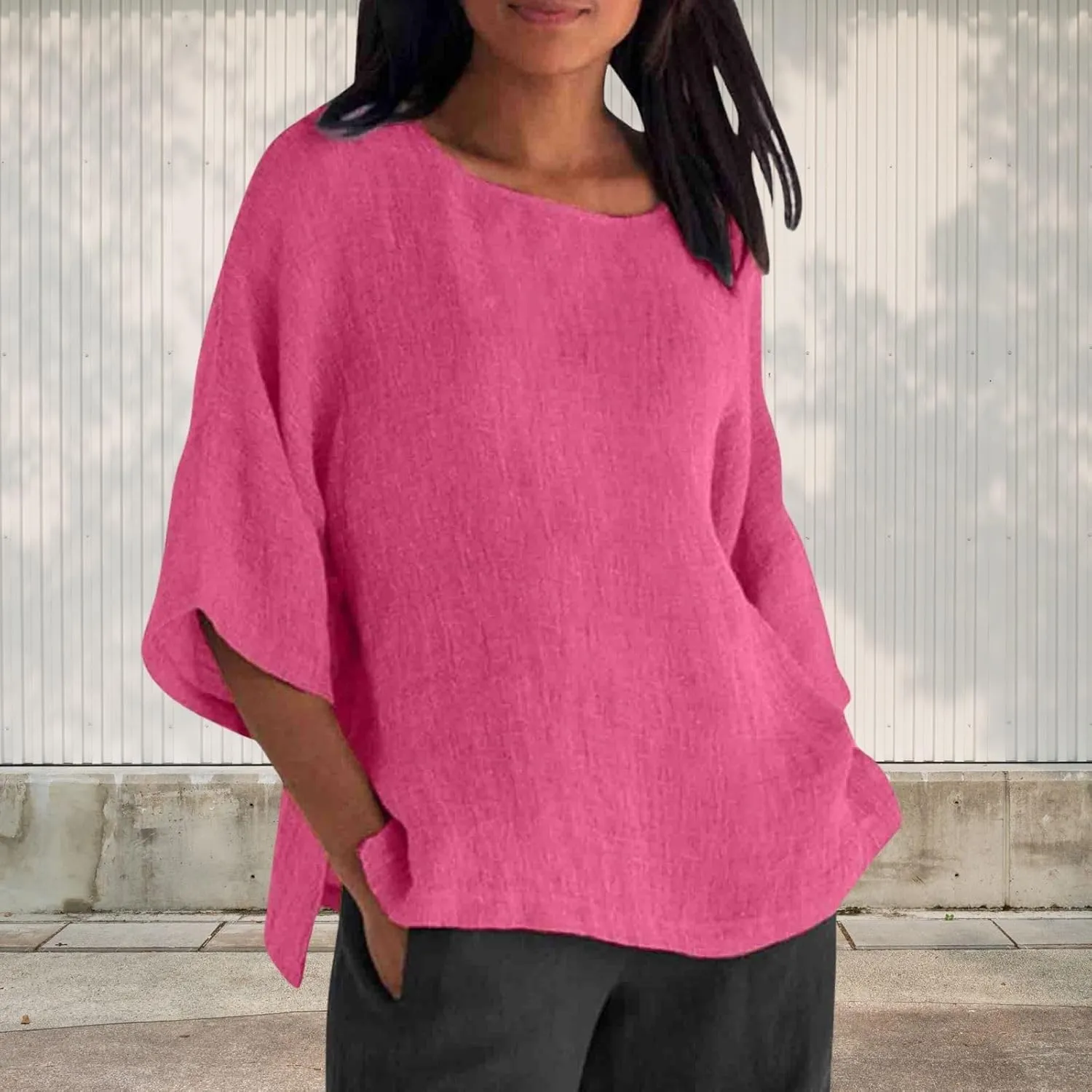Summer Solid Linen Shirts for Womens Cotton Linen Shirt Casual 3/4 Sleeve Solid Color Crewneck Tunic Tops Beach Blouse
