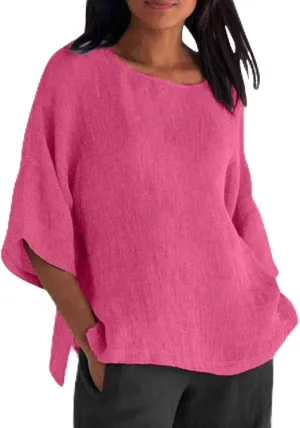 Summer Solid Linen Shirts for Womens Cotton Linen Shirt Casual 3/4 Sleeve Solid Color Crewneck Tunic Tops Beach Blouse