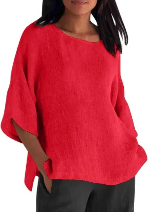 Summer Solid Linen Shirts for Womens Cotton Linen Shirt Casual 3/4 Sleeve Solid Color Crewneck Tunic Tops Beach Blouse
