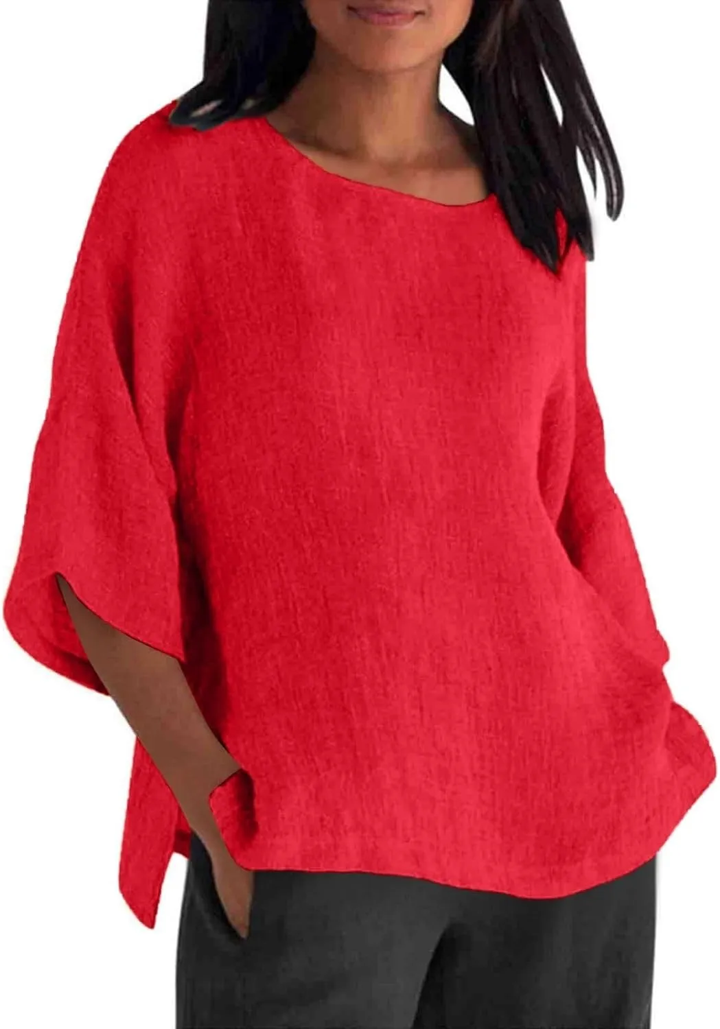 Summer Solid Linen Shirts for Womens Cotton Linen Shirt Casual 3/4 Sleeve Solid Color Crewneck Tunic Tops Beach Blouse