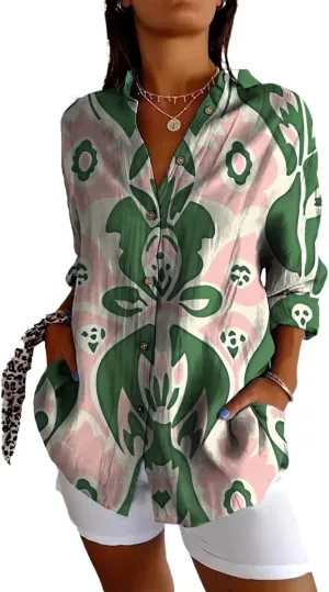 Summer Tops for Women Casual Long Sleeve Blouses Vintage Floral Print Button Down Shirts Trendy Dressy Work Clothes