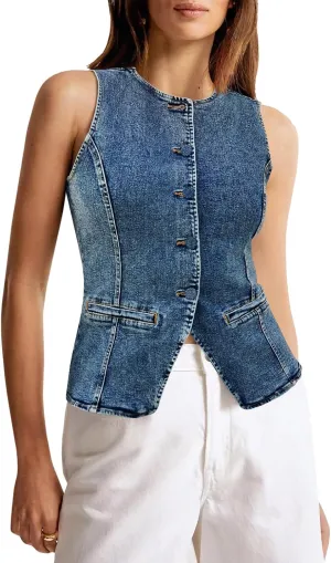 Tankaneo Womens Button Down Denim Vest Tops Sleeveless Fitted Jean Tank Tops Summer Trendy Casual Waistcoat