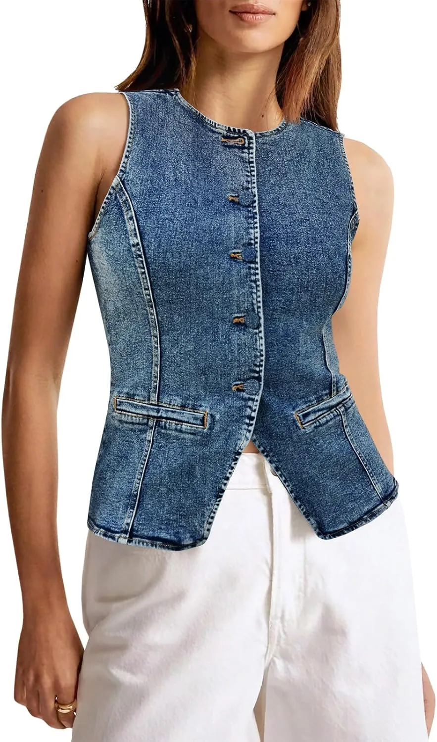 Tankaneo Womens Button Down Denim Vest Tops Sleeveless Fitted Jean Tank Tops Summer Trendy Casual Waistcoat