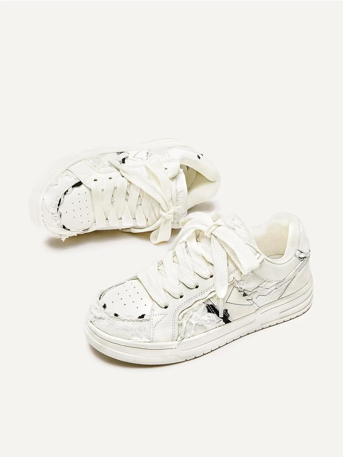 Textured Canvas Leather Chunky Sneakers for Women & Girls - Y2K Retro Urban Patchwork Bread Cute Shoes, Comfy Orthopedic Streetwear for Back to School, Beach Travel, Kawaii Minimalist All-Match