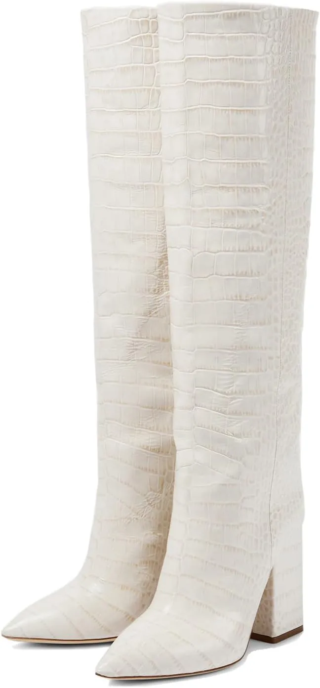THESHY Women's Crocodile Pattern Chunky Heel Knee High Boots Pointed Toe Leather Long Boot Pull-on Fashion Dress Shoes Boot For Women