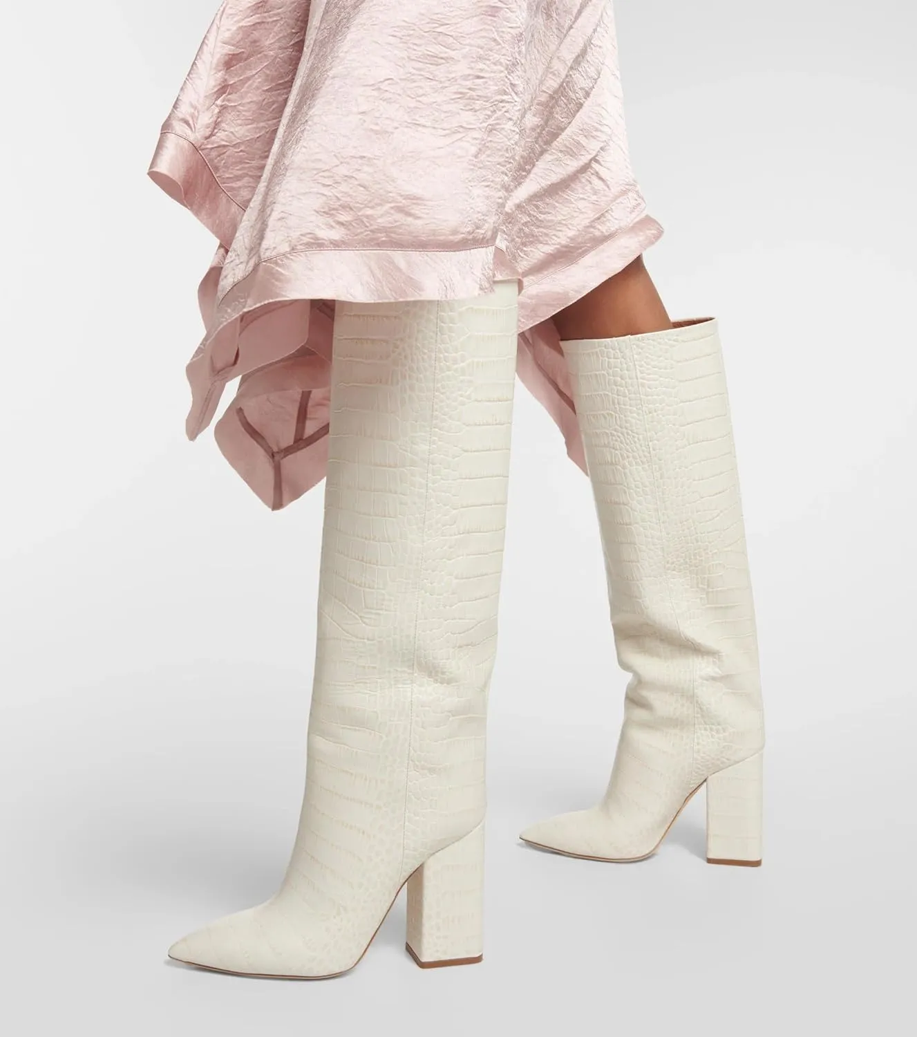THESHY Women's Crocodile Pattern Chunky Heel Knee High Boots Pointed Toe Leather Long Boot Pull-on Fashion Dress Shoes Boot For Women