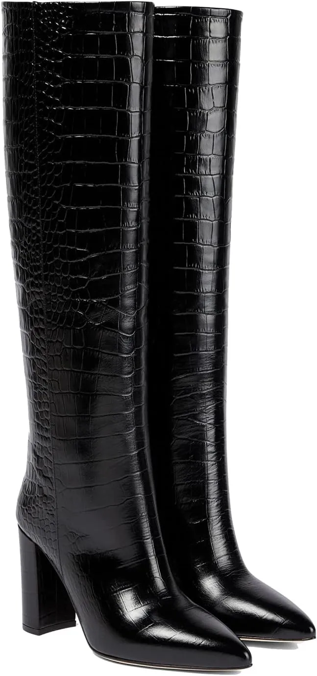 THESHY Women's Crocodile Pattern Chunky Heel Knee High Boots Pointed Toe Leather Long Boot Pull-on Fashion Dress Shoes Boot For Women