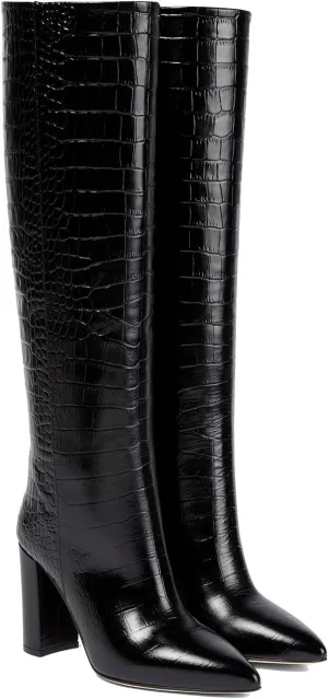 THESHY Women's Crocodile Pattern Chunky Heel Knee High Boots Pointed Toe Leather Long Boot Pull-on Fashion Dress Shoes Boot For Women