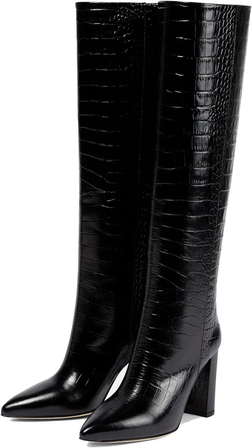 THESHY Women's Crocodile Pattern Chunky Heel Knee High Boots Pointed Toe Leather Long Boot Pull-on Fashion Dress Shoes Boot For Women