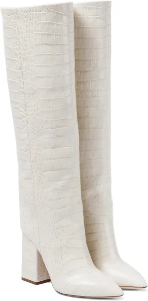 THESHY Women's Crocodile Pattern Chunky Heel Knee High Boots Pointed Toe Leather Long Boot Pull-on Fashion Dress Shoes Boot For Women