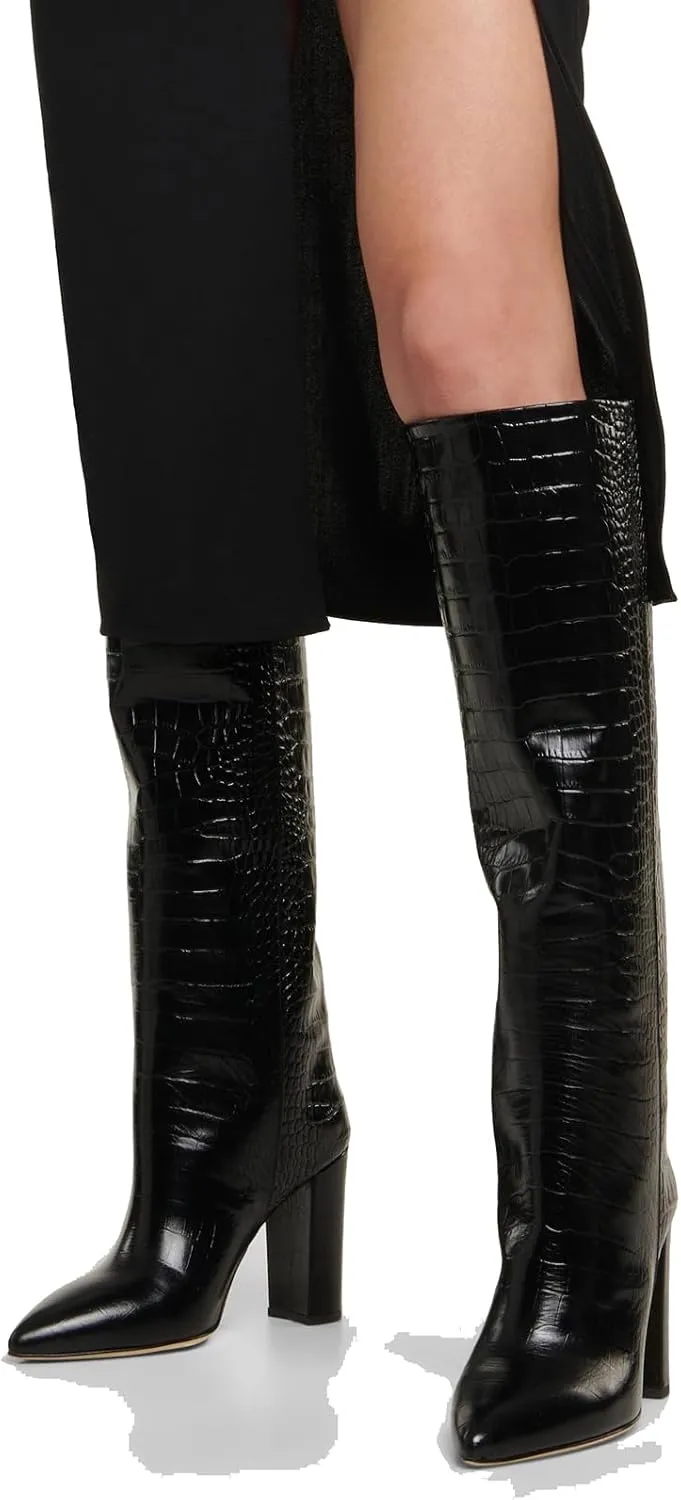 THESHY Women's Crocodile Pattern Chunky Heel Knee High Boots Pointed Toe Leather Long Boot Pull-on Fashion Dress Shoes Boot For Women