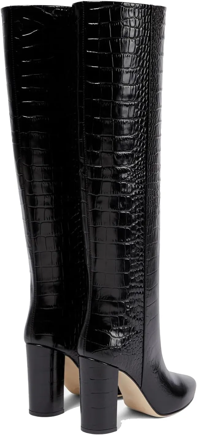 THESHY Women's Crocodile Pattern Chunky Heel Knee High Boots Pointed Toe Leather Long Boot Pull-on Fashion Dress Shoes Boot For Women