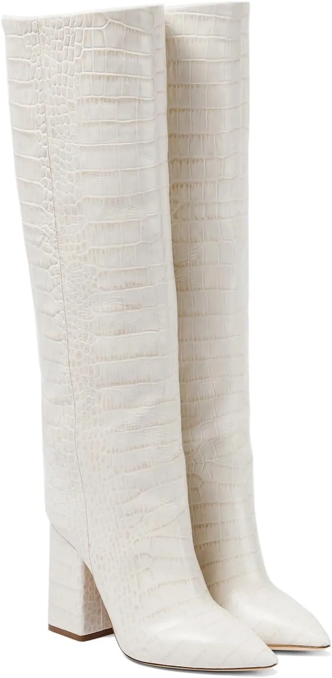 THESHY Women's Crocodile Pattern Chunky Heel Knee High Boots Pointed Toe Leather Long Boot Pull-on Fashion Dress Shoes Boot For Women