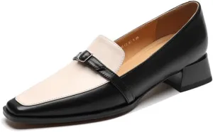TinaCus Two-Tone Genuine Leather Handmade Buckle Pointed Toe Low Heels Women's Loafers Shoes