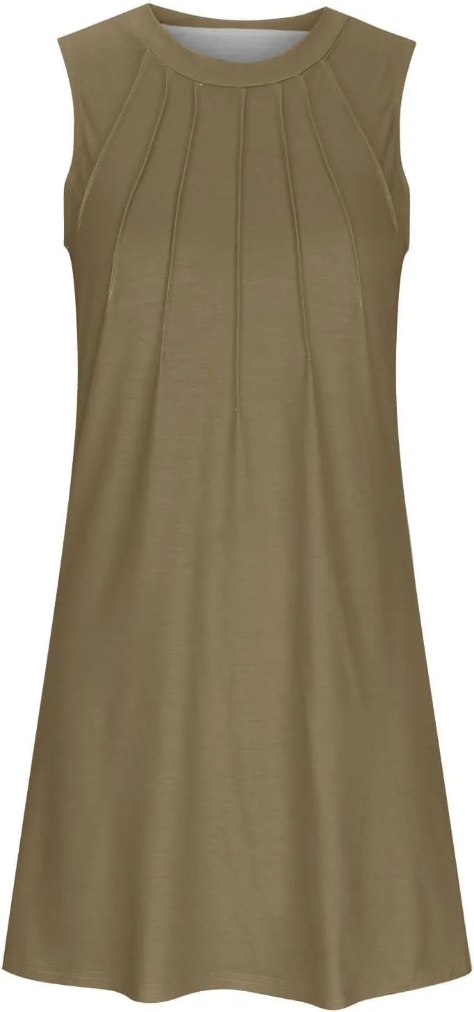 Trendy 2025 Spring Summer Dresses for Women Fashion Floral Printed Sleeveless Round Neck Pleat A-Line Beach Dress