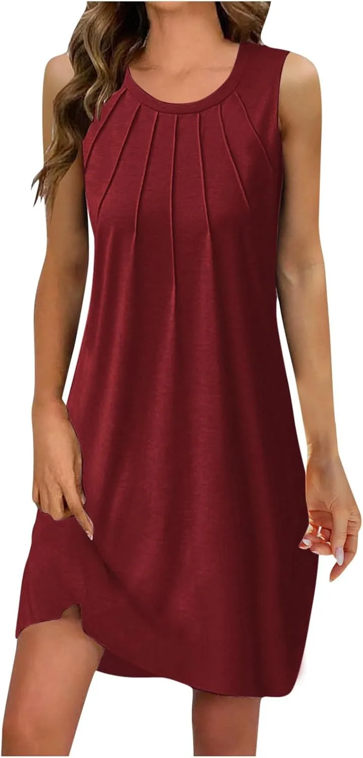 Trendy 2025 Spring Summer Dresses for Women Fashion Floral Printed Sleeveless Round Neck Pleat A-Line Beach Dress