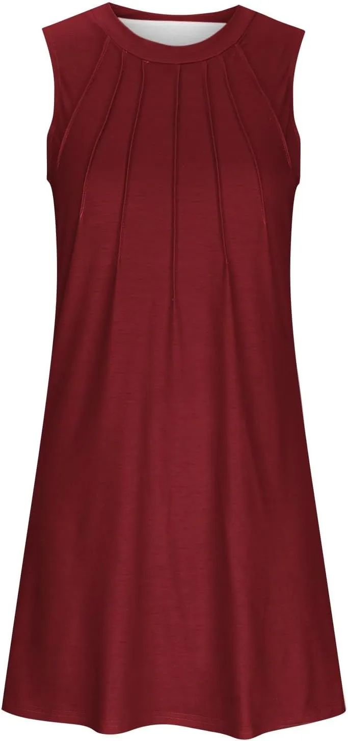 Trendy 2025 Spring Summer Dresses for Women Fashion Floral Printed Sleeveless Round Neck Pleat A-Line Beach Dress