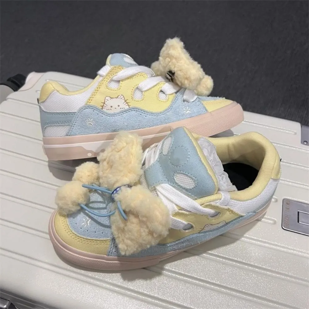 Trendy Creamy Bread Shoes - Kawaii Manga Yellow, Blue & White Ice Cream Design | Korean Academy Style with Height-Boosting Breathable Chunky Sole for Women, Ideal for Travel Outfits