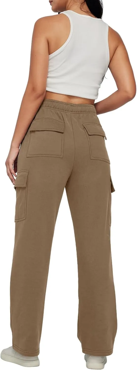Trendy Queen Womens Cargo Sweatpants Wide Leg Baggy Fleece High Waisted Sweats Pants Winter Clothes with Pockets