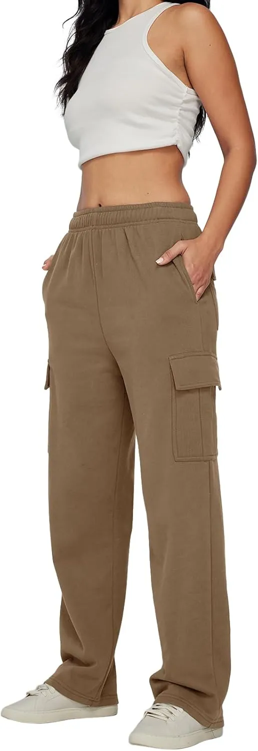 Trendy Queen Womens Cargo Sweatpants Wide Leg Baggy Fleece High Waisted Sweats Pants Winter Clothes with Pockets