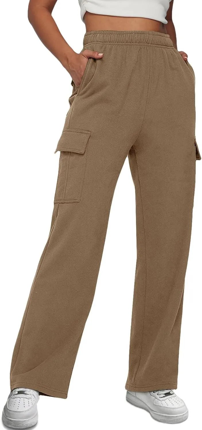 Trendy Queen Womens Cargo Sweatpants Wide Leg Baggy Fleece High Waisted Sweats Pants Winter Clothes with Pockets