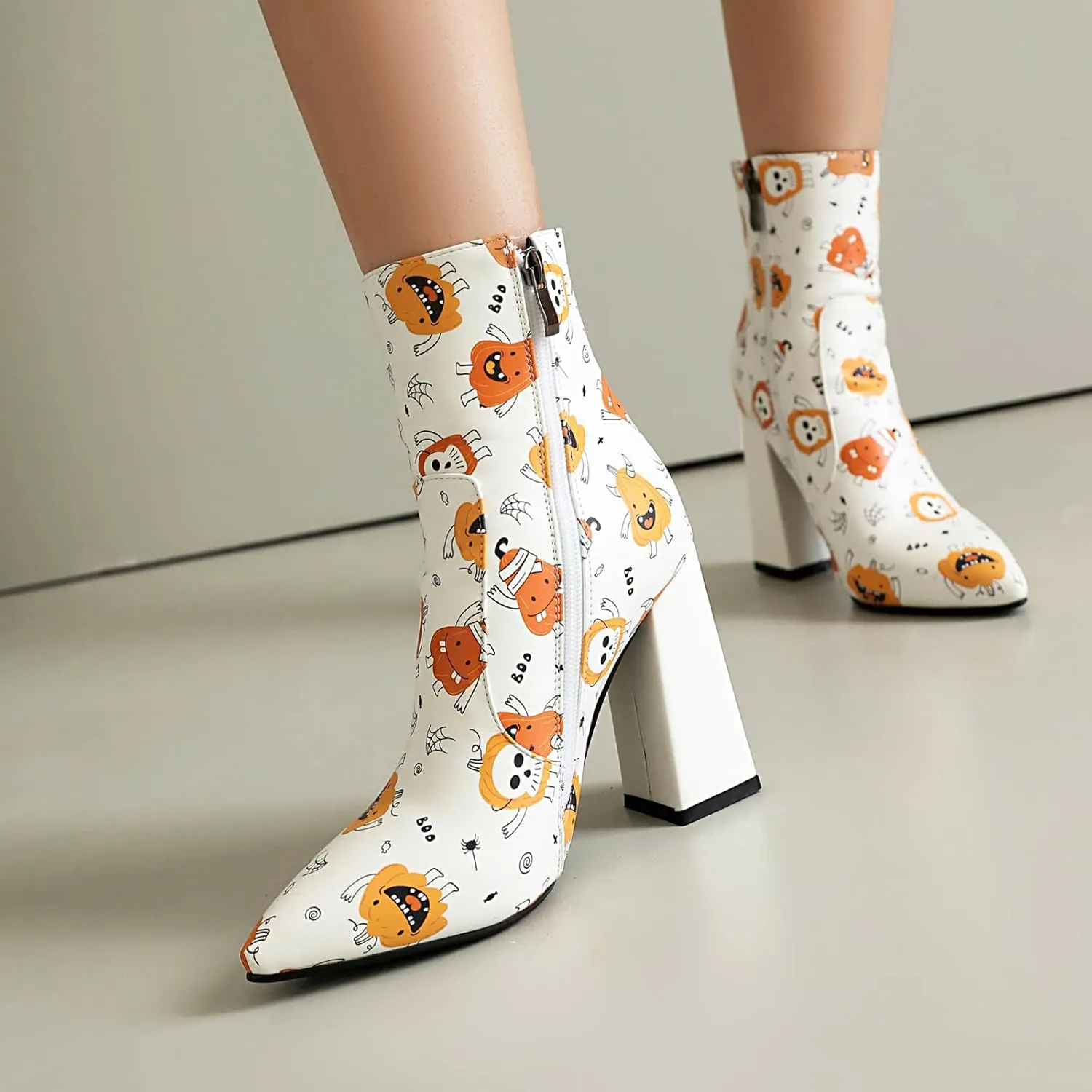 UP2STEP Fancy Pointed Toe Chunky Heels Pull on Print Side Zipper Party Dress Ankle Boots for Women