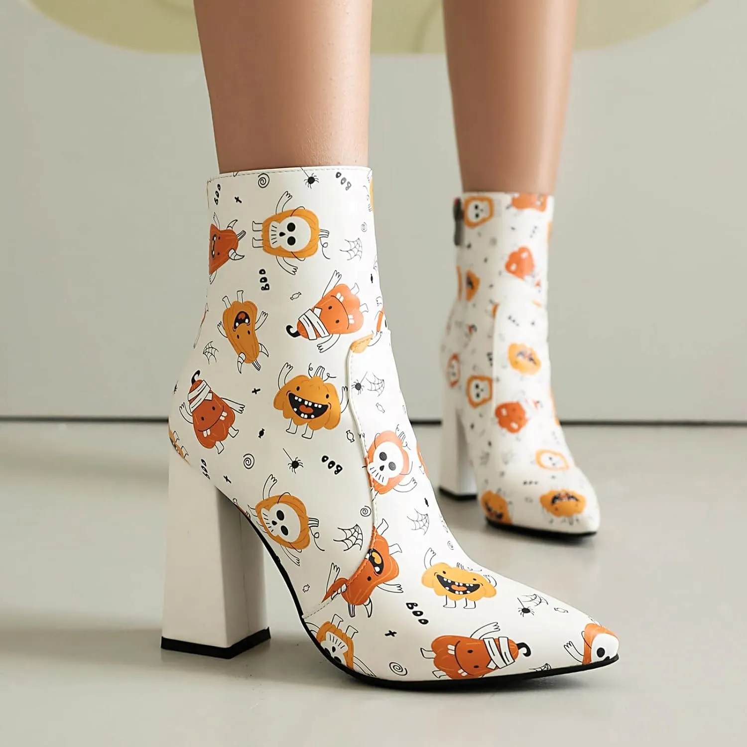 UP2STEP Fancy Pointed Toe Chunky Heels Pull on Print Side Zipper Party Dress Ankle Boots for Women